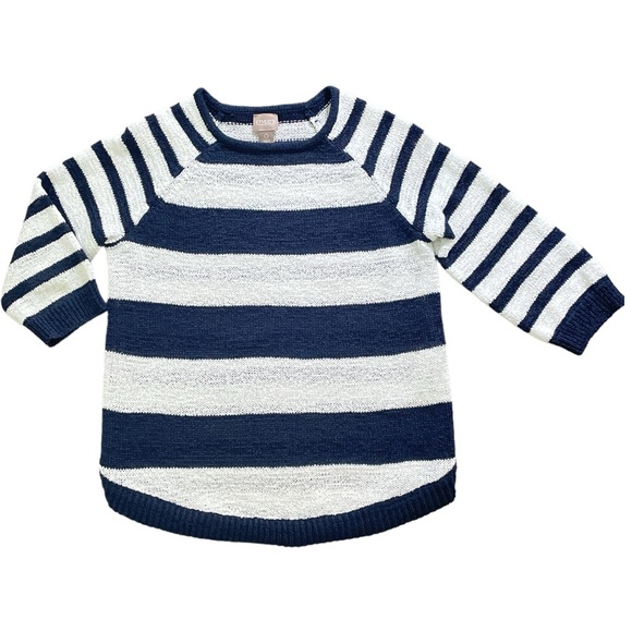 Chico’s 1/2 sleeve knitted top navy blue white striped scoop hem round neck Sz 0 - Picture 5 of 8